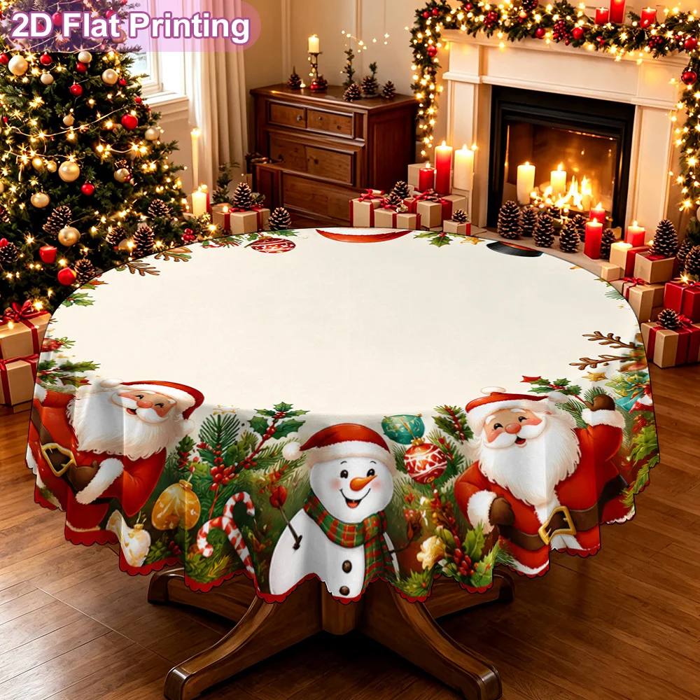 2D flat single-piece tablecloth, colorful Santa snowman reindeer decoration pattern, retro farmhouse round tablecloth