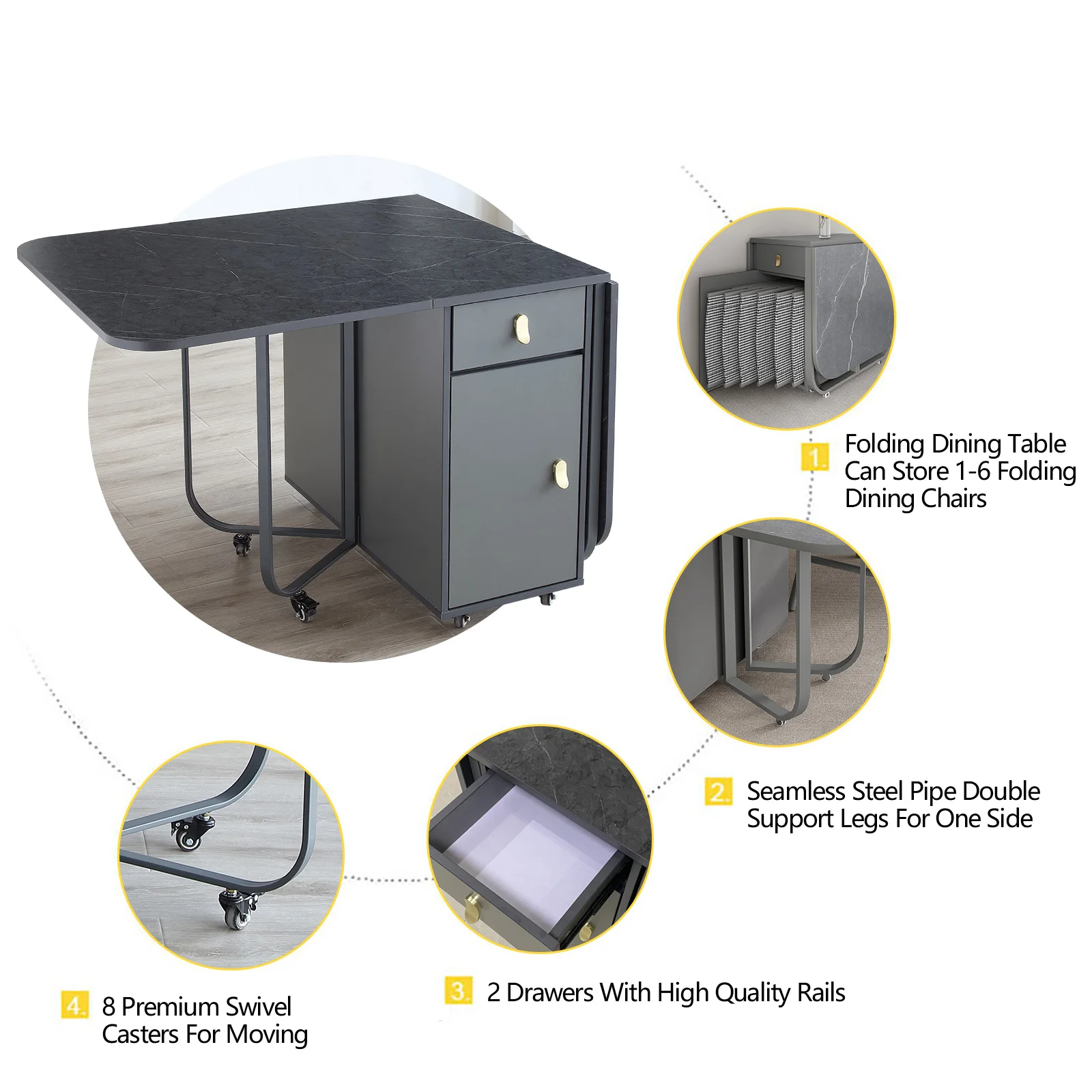 Table de salle à manger mobile et pliante, avec étagère de rangement et 2 tiroirs, Table de cuisine extensible et polyvalente, chaises pliantes en métal