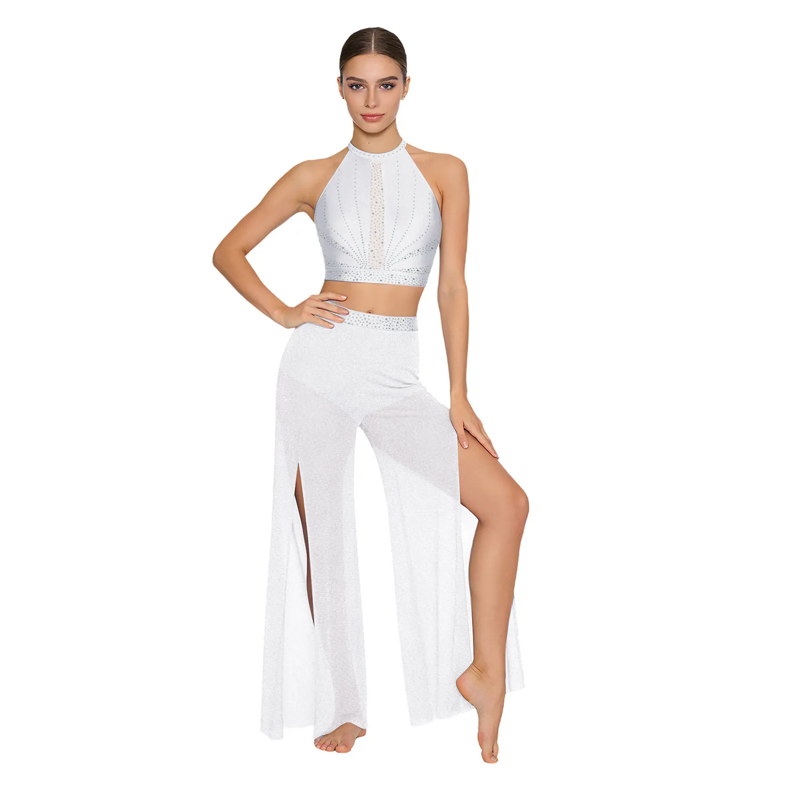Costume de danse lyrique moderne pour femmes, idéal pour le patinage artistique, la gymnastique et l'acrobatie, avec débardeur court orné de strass et pantalon en maille fluide
