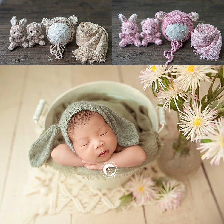 Newborn Photography Props Bear Rabbit Long Ear Bunny Wraps Hat Cute Doll Hat Wraps Cloth Baby Posing Doll Shooting Accessories