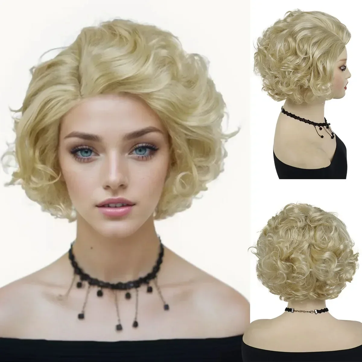 Synthetic Short Blonde Curly Wigs for Women Natural Hair Wig with Side Bangs Mother Gift Wig Blond Cur Wig Natural Casual Wigs