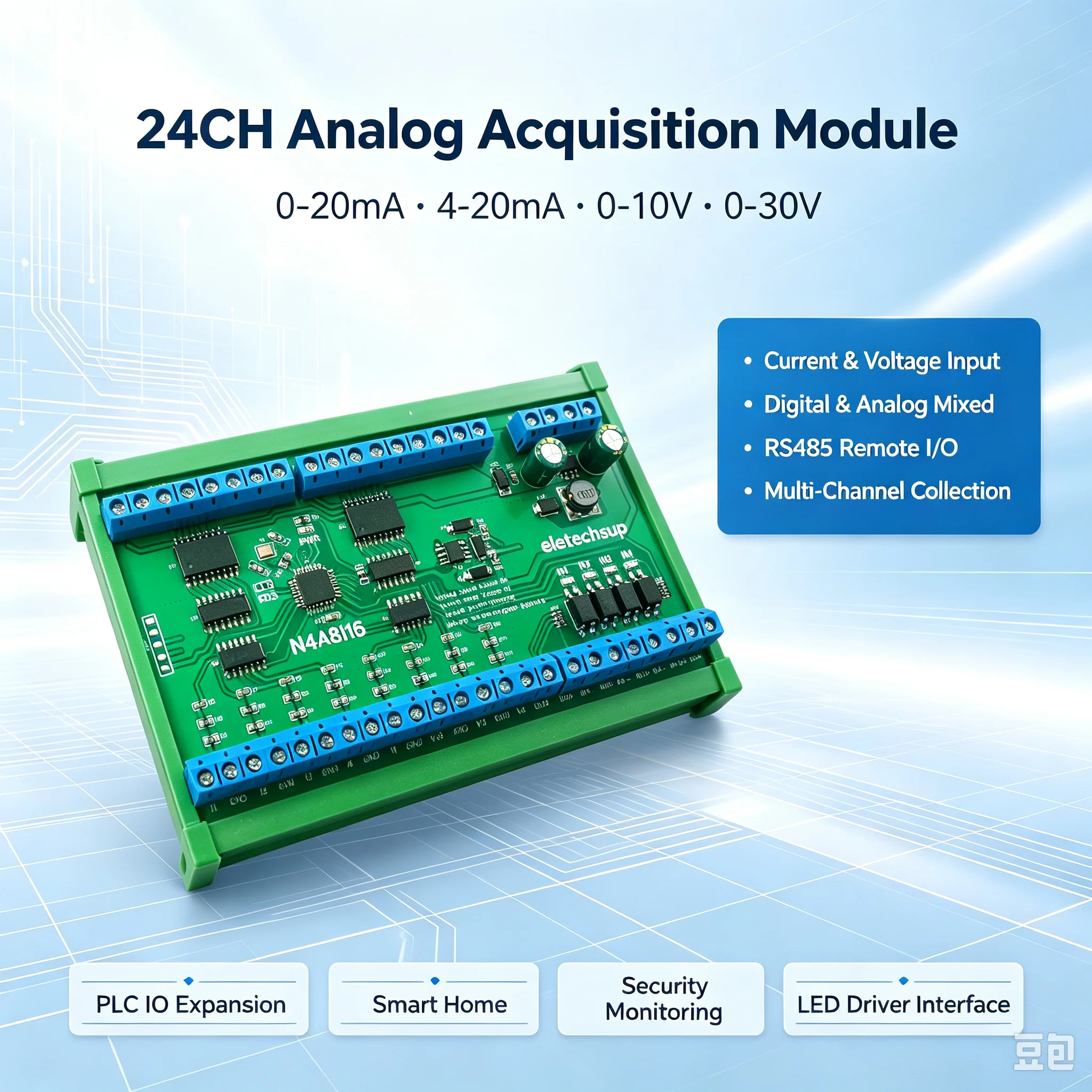 24-Channel Analog Input Module 4-20MA 0-10V ADC Collector RS485 Remote IO for Current Voltage Acquisition in Industrial Automati