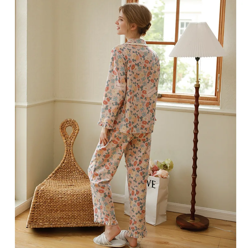 100% Cotton Pajamas Women Autumn Cardigan Two Piece Suit Long Sleeve Home Clothes Floral Sexy Sleepwear Nightwears for Ladies