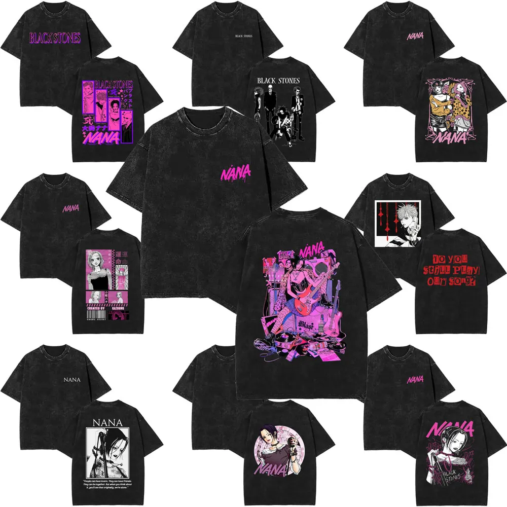 

Japanese Anime Black Stones Nana Osaki Vintage Washed T-shirts Men Women Manga Gothic Rock Short Sleeve T-shirt Y2k Streetwear