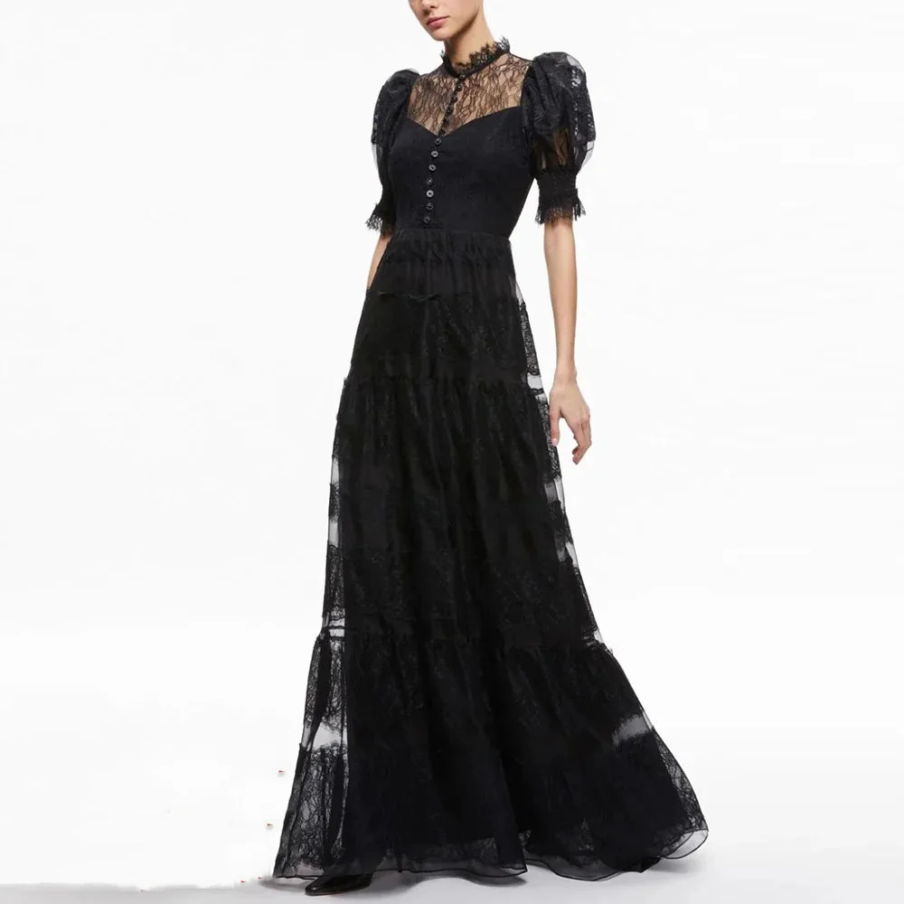 

Elegant Customized Prom Dress A Line Puffy Sleeve Lace Evening Gowns High Floor Length Party Dresses robes de soirée