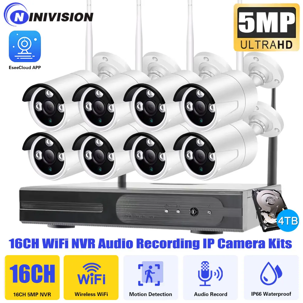 

5MP Full HD 16-Channel Wireless NVR Security System WiFi IP Camera Kit Smart Outdoor Surveillance CCTV Audio and Video Recording