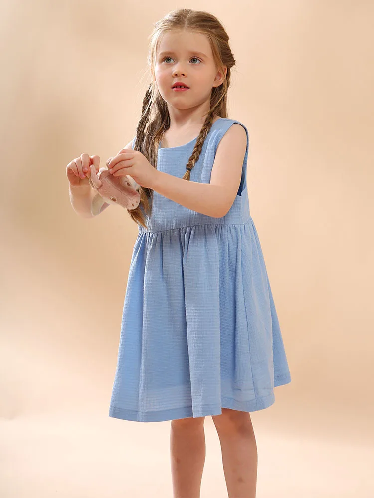 

2023 Summer New Arrival Girls Cotton Sleeveless O Neck Blue White Designer Roupa Infantil Menina Cute Party Dress Custume 8-10T