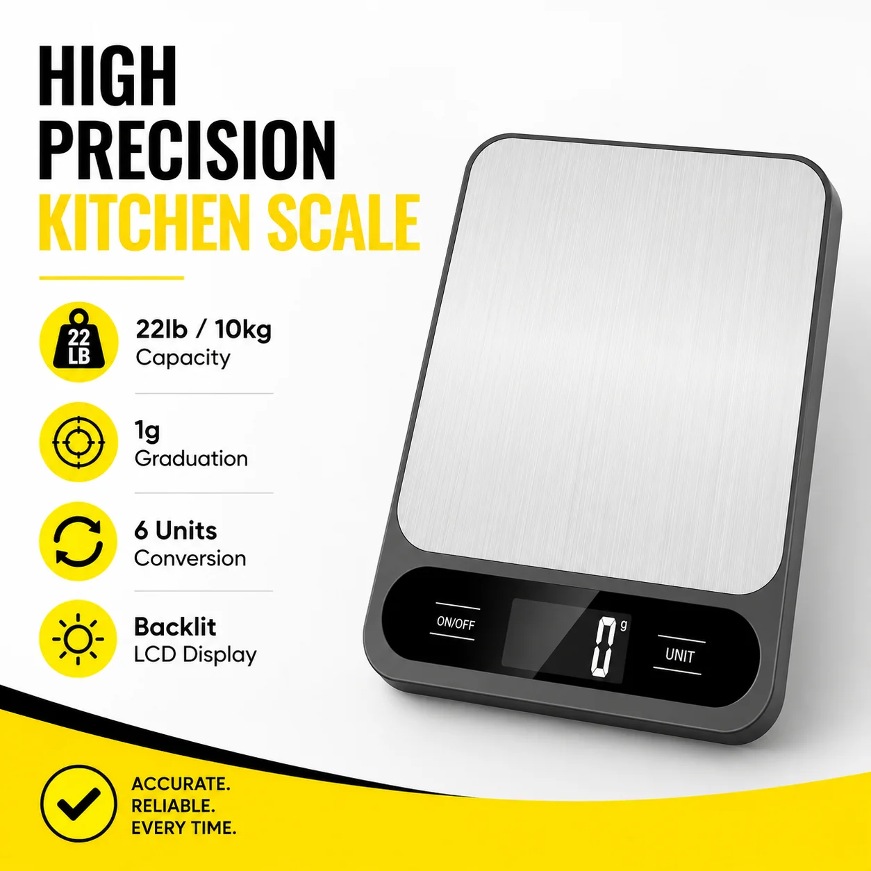 1pc Black Food Scale 10 Kilograms Digital Kitchen Scale Grams and Ounces 1g Precise Scale Easy to Clean Stainless Steel