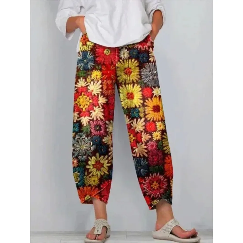 Damen Baumwoll-Caprihose, locker geschnitten, lässig, Boho-Stil, weites Bein, knöchellang, Vintage, elastischer Bund, Sommer, Strandurlaub, Alltagskleidung – Detail 4