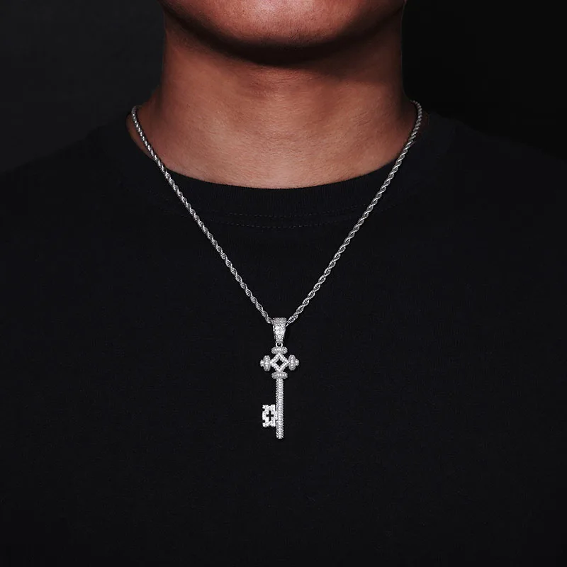 Hip Hop 3A+ CZ Stone Bling Iced Out Key Pendant Necklace for Men Rapper Jewelry Gold Silver Color