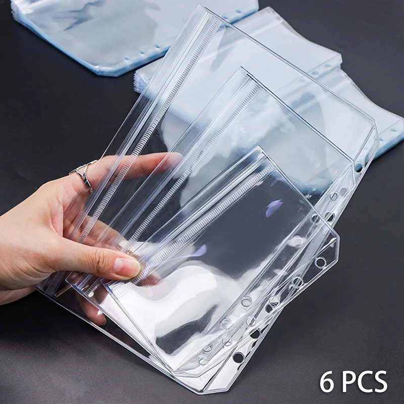 

6PCS A5/A6/A7 6 Holes 3-layer Double-sided Binder Pockets Transparent Zipper Folders And Side Open Folders Waterproof PVC