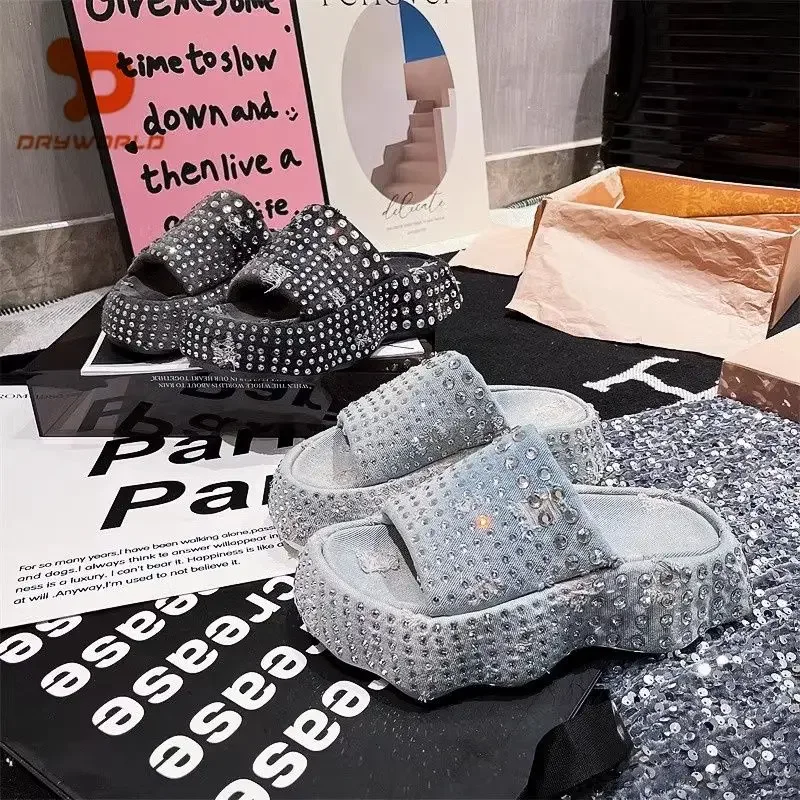 2024 Women Ripped Denim Rhinestone Platform Muffin Open Toe Sandals Special-Interest Design Wave Bottom Slippers