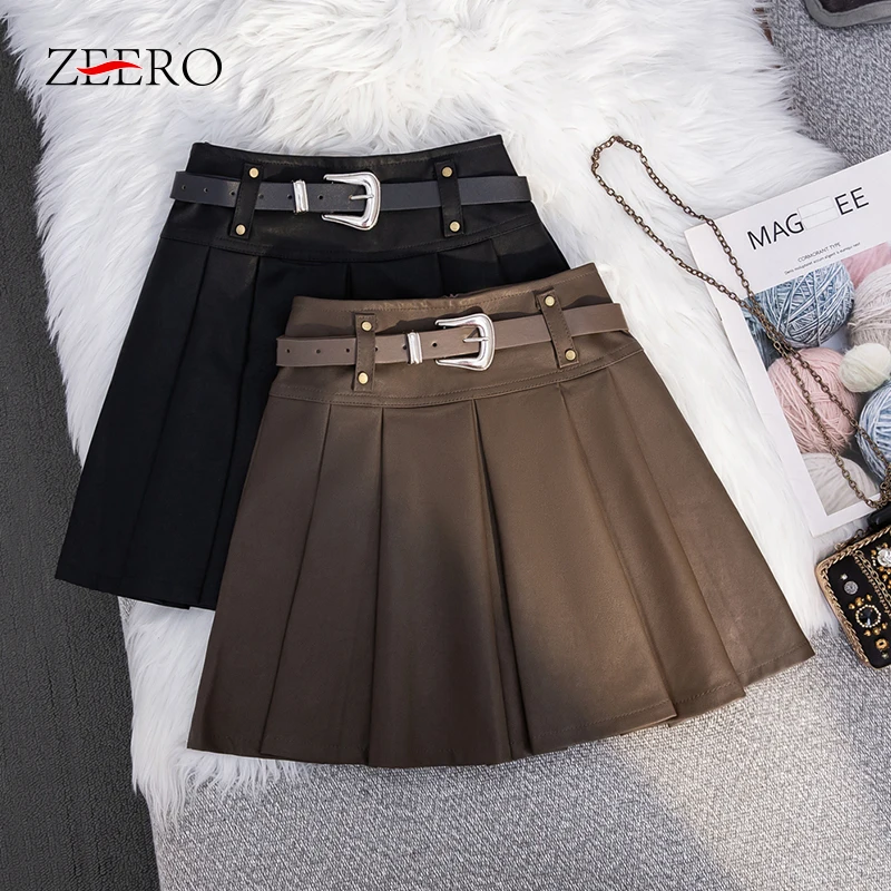 Autumn Spring Korean Women Coffee PU Leather Pleated Thick Skirts High Waist Casual Short A-Line Belted Medieval Y2k Skirts