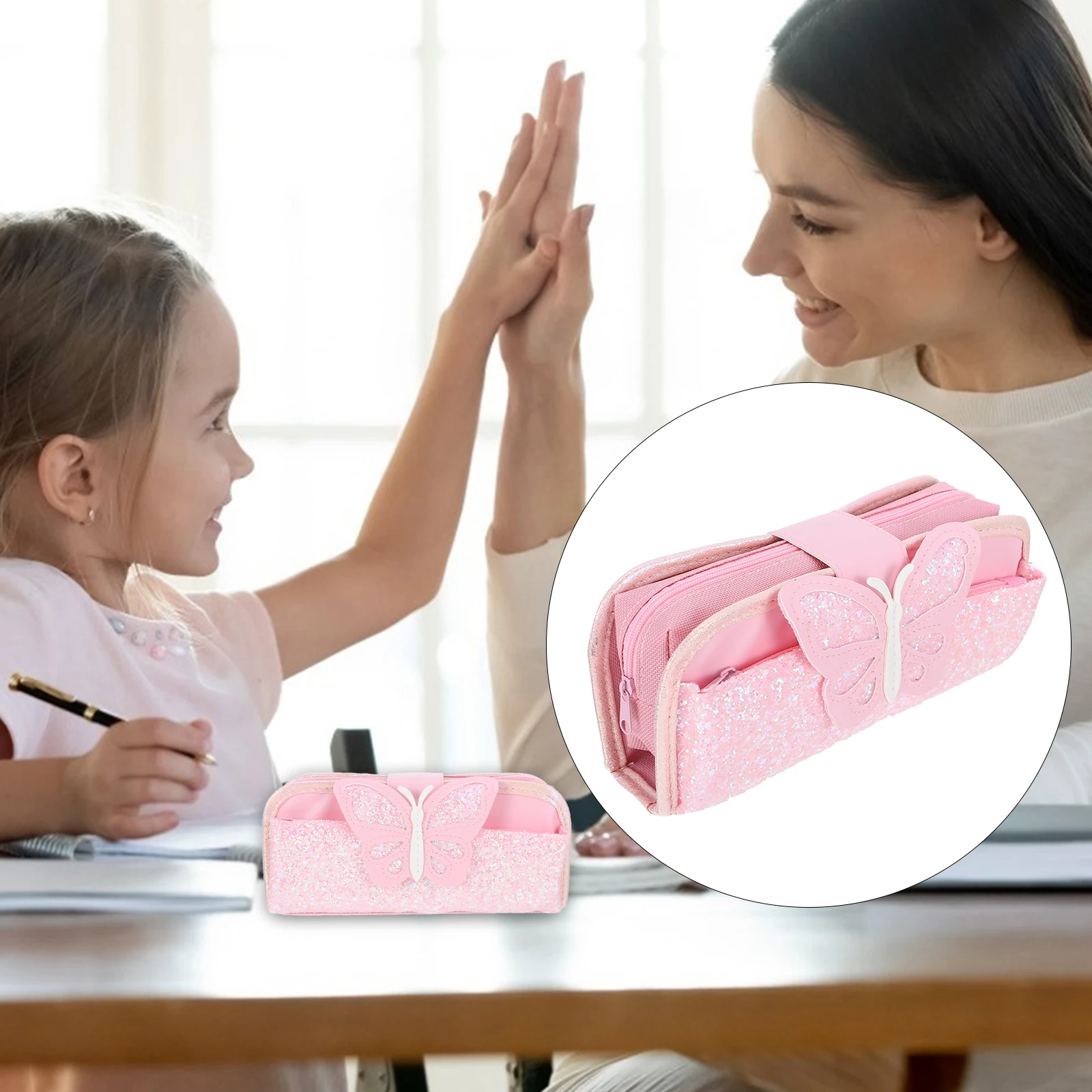 

1pc Pencil Case Stationery Bag Large Capacity Zipper Design Student School Supplies Cute Butterflies Sticker Insert