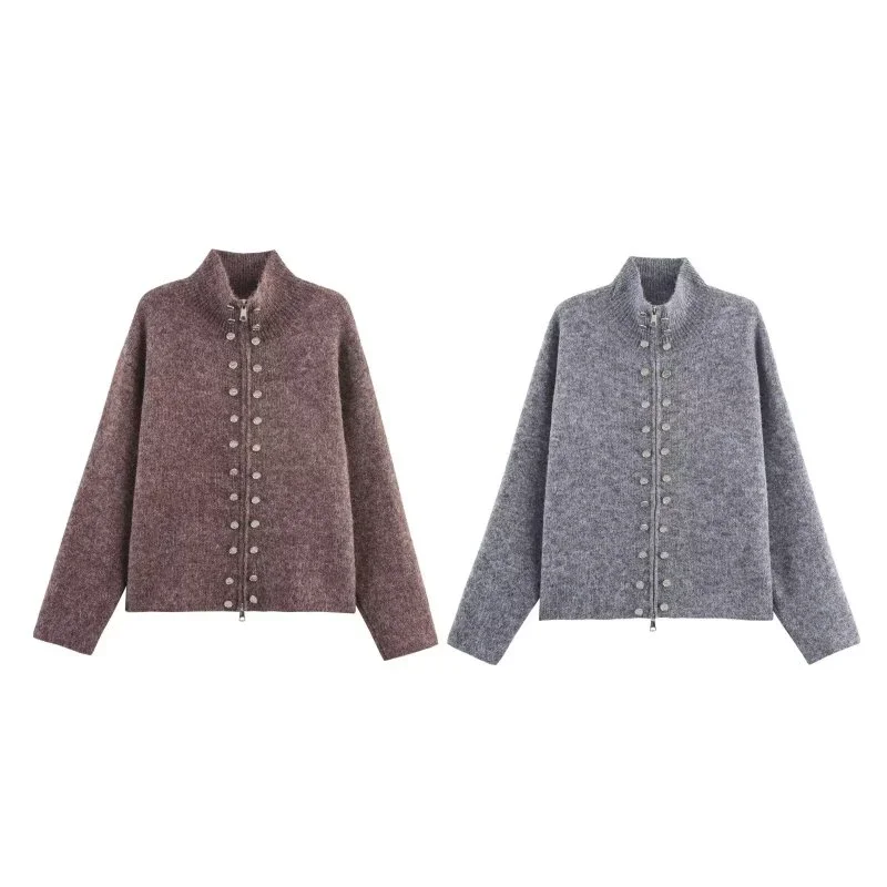 

Office Lady Top Fashion Zippered Knitted Sweater Stand Collar Button Detail Cardigan Casual Streetwear