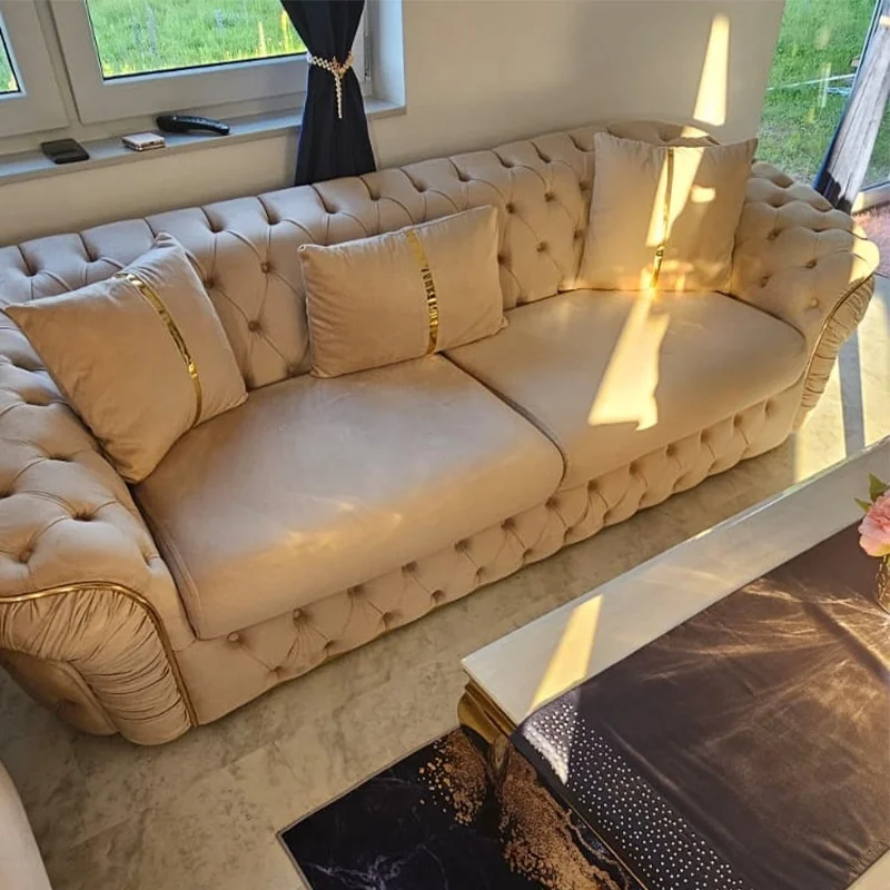 # Style Luxury Home Blue Sofa Set Chesterfield Velvet Sofa With Stainless Steel Gold Leg for Living Room Sofas Furniture