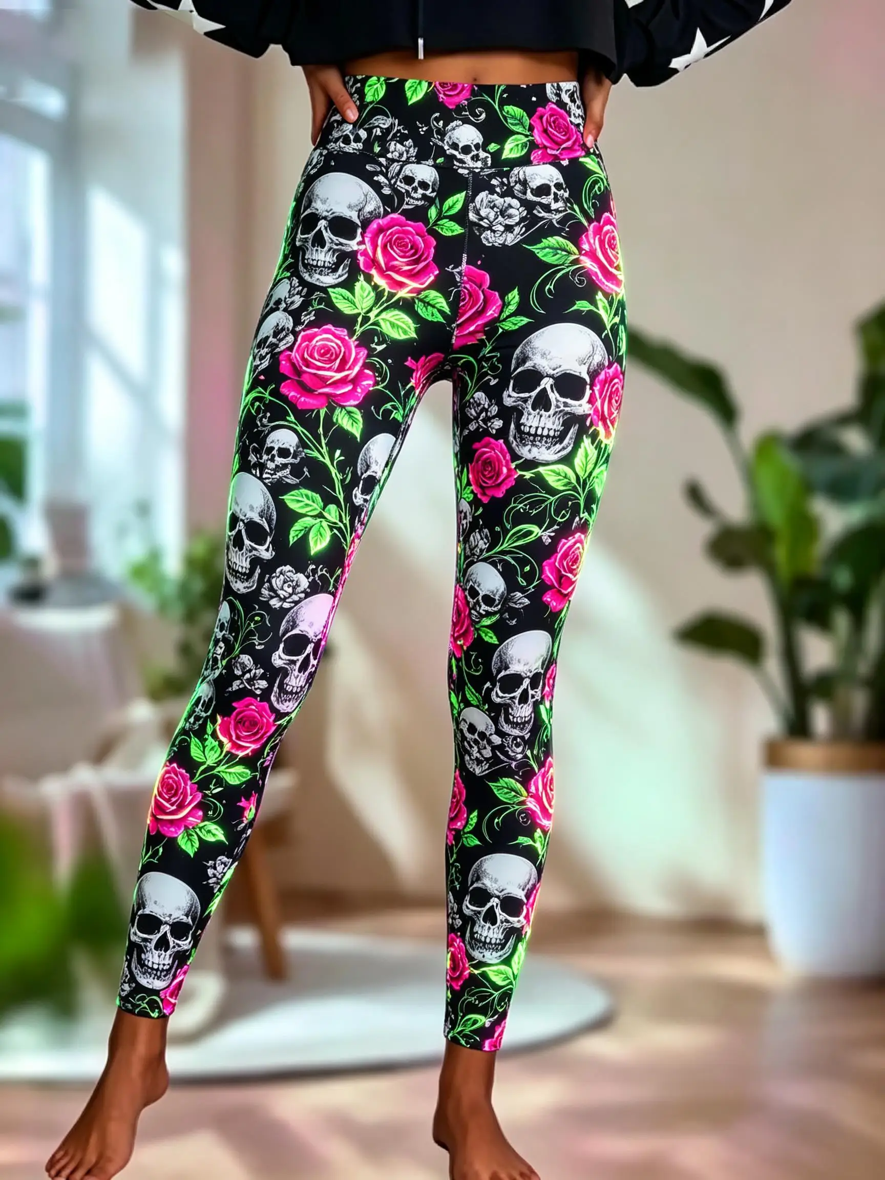 Women Fleece‑lined Mid‑rise Leggings Skull Rose Floral Print Slim Stretch Halloween Casual Pants