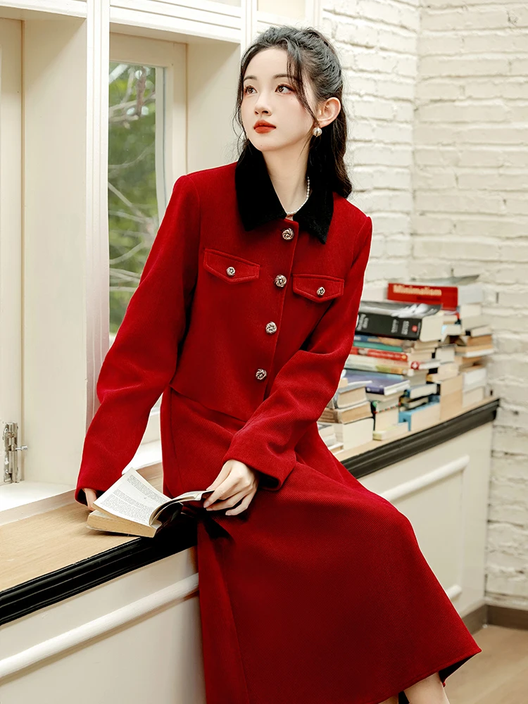 Conjunto rojo ajustado de dos piezas para mujer, abrigos cortos elegantes, Tops cortos con falda larga de cintura alta, Otoño e Invierno