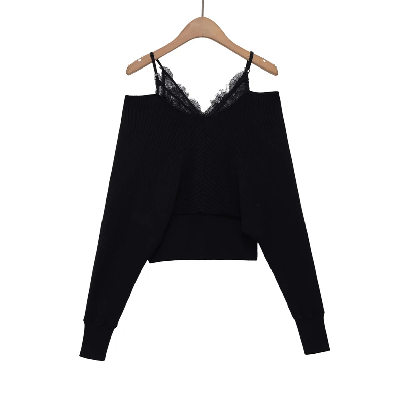 KEYANKETIAN Winter New women's lace camisole patchwork fake two-piece off shoulder slim fit knit sweater women pullover sweater