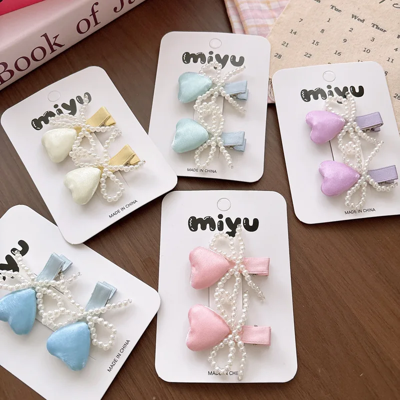 

2PC Pearl Heart Bow Baby Hair Clips Girls Ribbon Bowknot Barrettes Handmade Hairgrips Hairpins Kids Hair Accessories