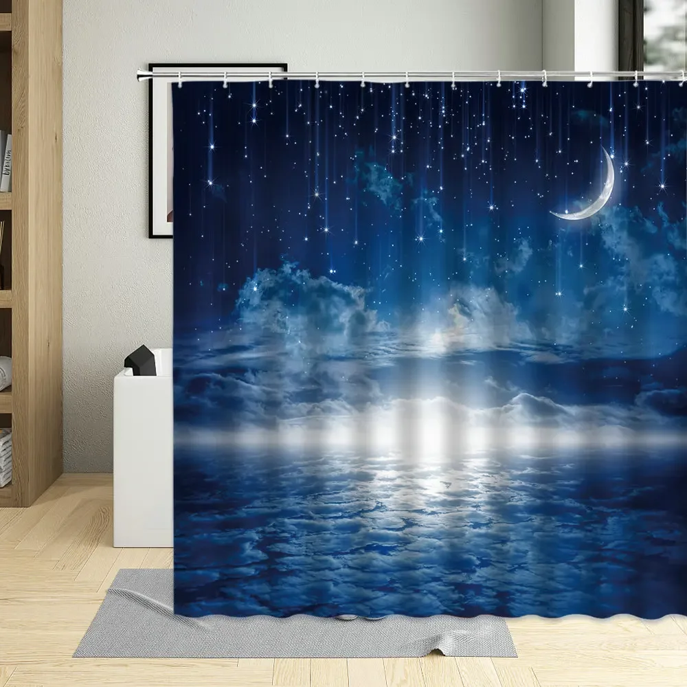 Shower Curtain Peaceful Background Blue Night Sky Moon Stars Beautiful Clouds Sea Surface Pattern Bathtub Curtains With Hooks