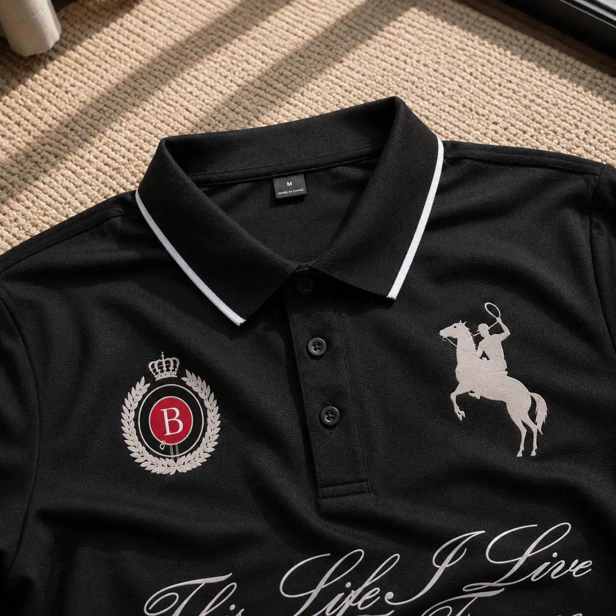 Men's Black Printed Casual Short Sleeved Golf Shirt Luxury Streetwear Collar T-shirt Summer Fashion Gift Exclusively for Men