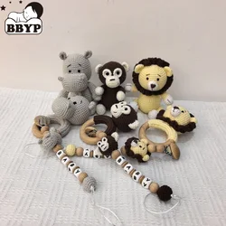 Crochet Hippo Monkey Baby Teether kawaii Kintted Stuffed Animal Toy Beech Wood Newborn Teether Ring Pacifier Clip Baby Amigurumi