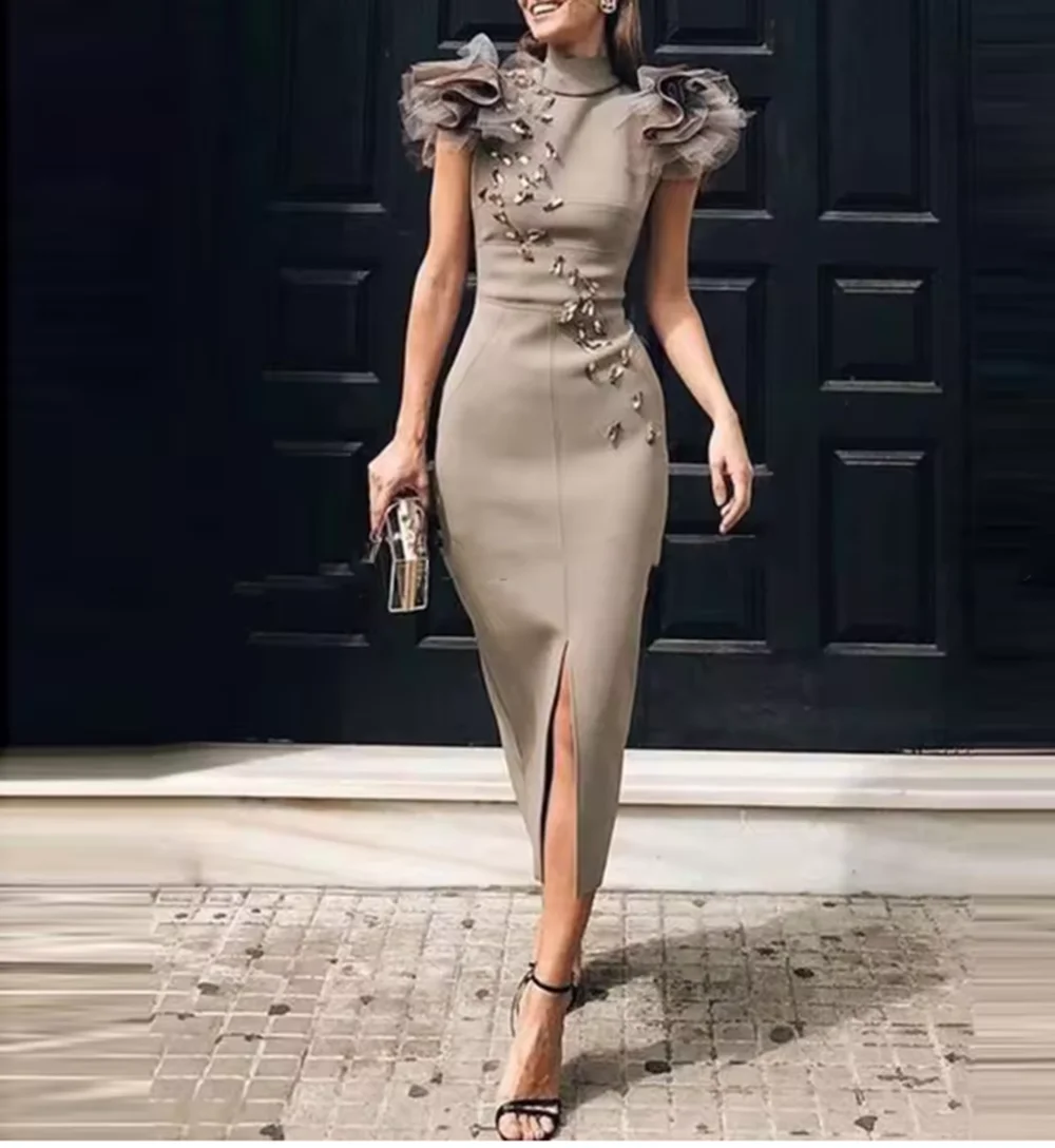 Mermaid Prom Dresses With High Neck Beads Ruffles Front Split Satin Women Formal Evening Dress Tea Length Mother Party Gowns