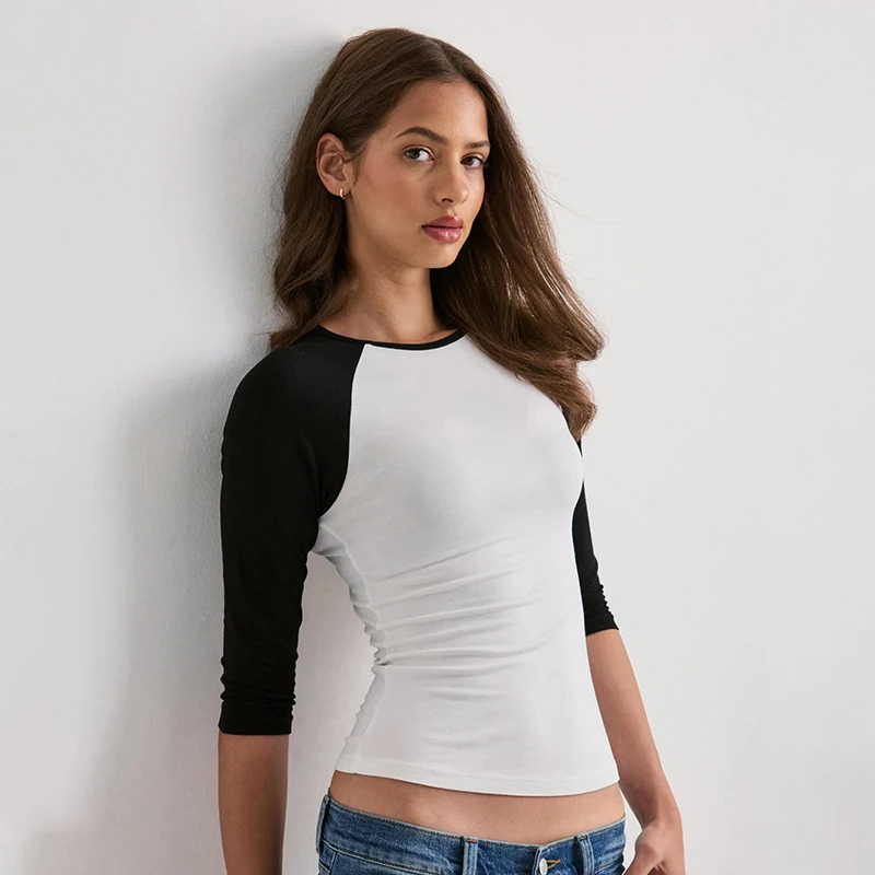 Casual Color Blocked Round Neck Five Quarter Sleeve Slim Fit Short Top T-shirt