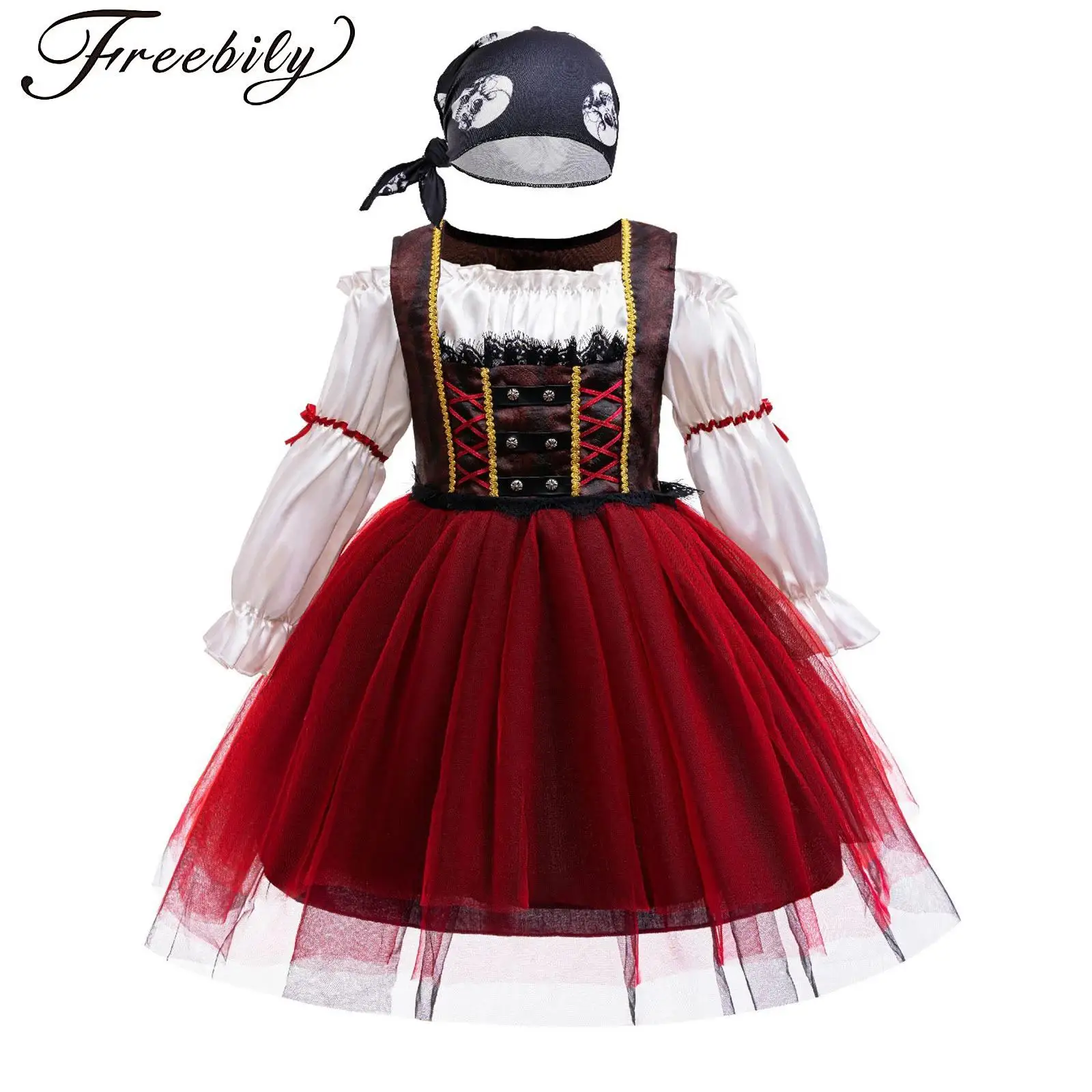 

Kids Girls Pirate Costume Dress Long Sleeve Floral Lace Gold Trims Mesh Tutu Dress with Headband for Halloween Party Role Play