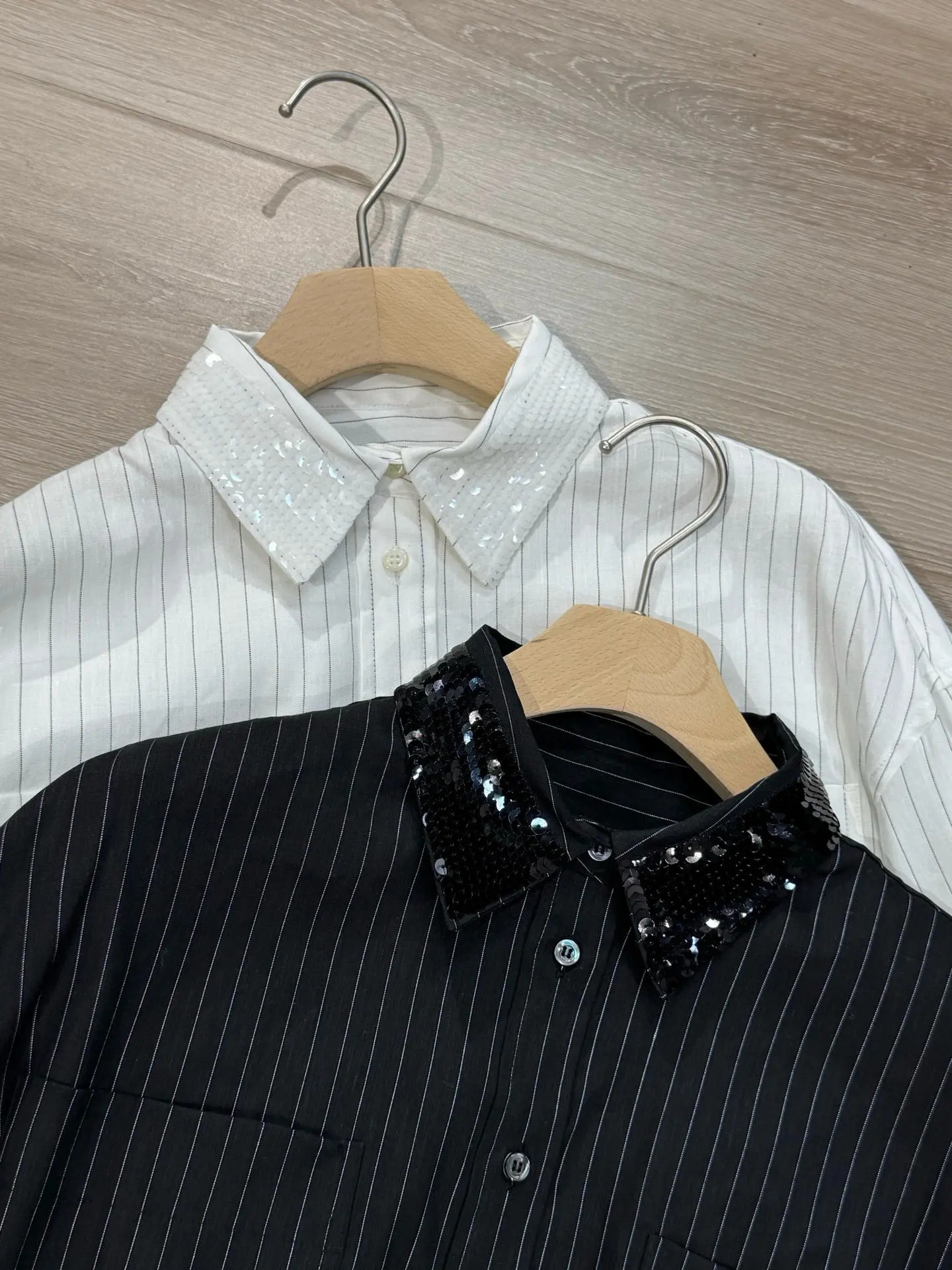 

Women's 2026 Spring New High Quality Lapel Sequin Linen Striped Shirt