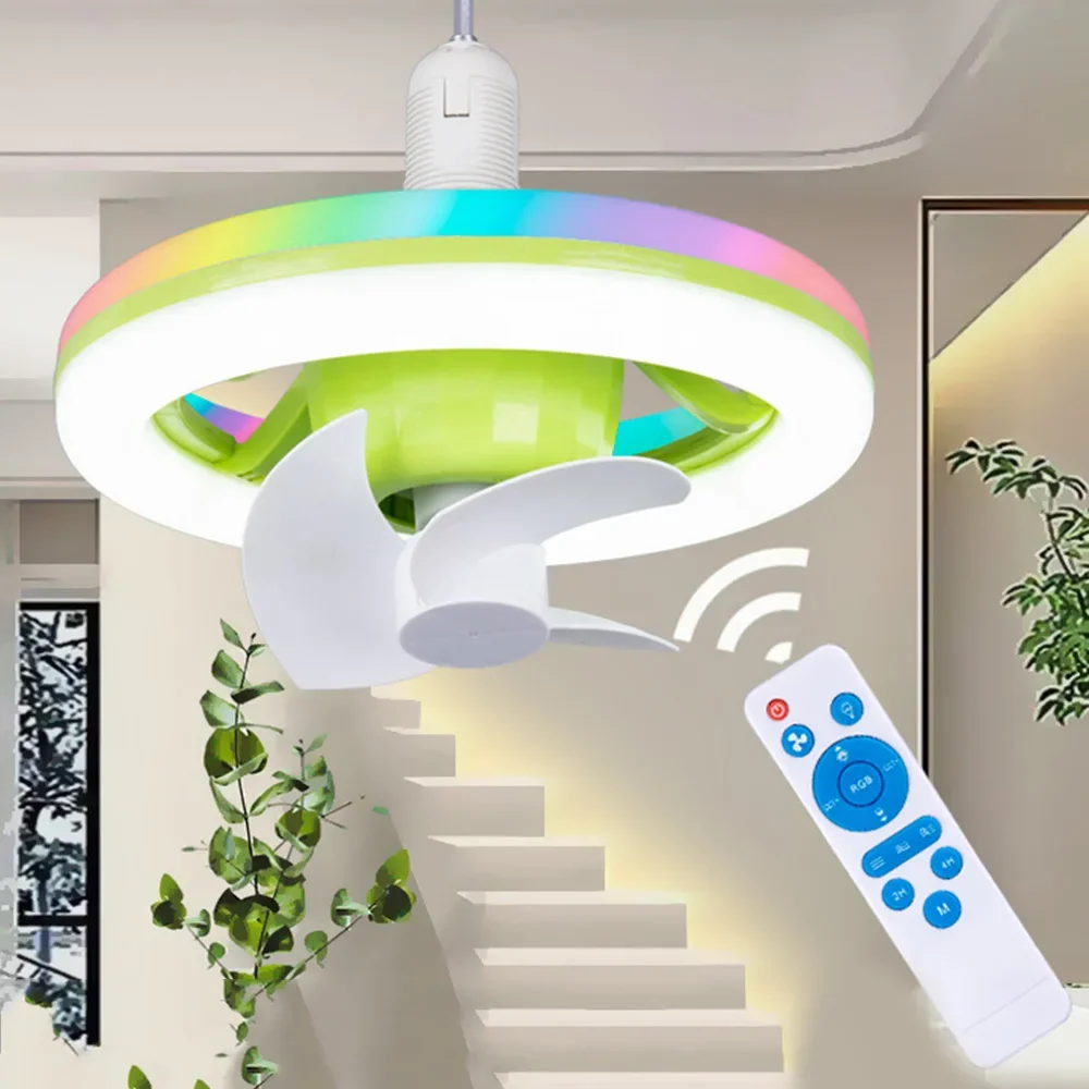 E27 Ceiling Fan Light 360 Rotating Fan Lamp Living Room LED Ceiling Light Remote Control Cooling Fan RGB Atmosphere Light