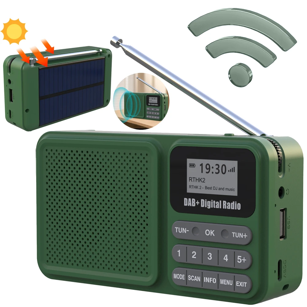 Portable DAB+ Radio Solar Powered Bluetooth FM Radio Rechargable Emergency Radio Receiver Supports U Disk TF Card MP3 Player