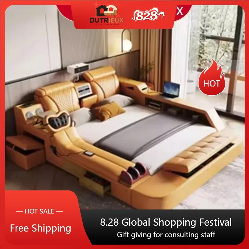 Nordic Luxury Bed Frame Aesthetic King Size Wood Modern Double Bed Frame Leather Multifunctional Cama Casal Room Furniture