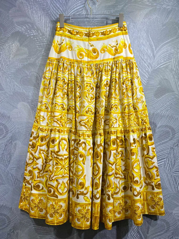 SEQINYY Elegant Long Skirt 100% Cotton Summer Spring New Fashion Design Women Runway High Quality Vintage Yellow Flower Print