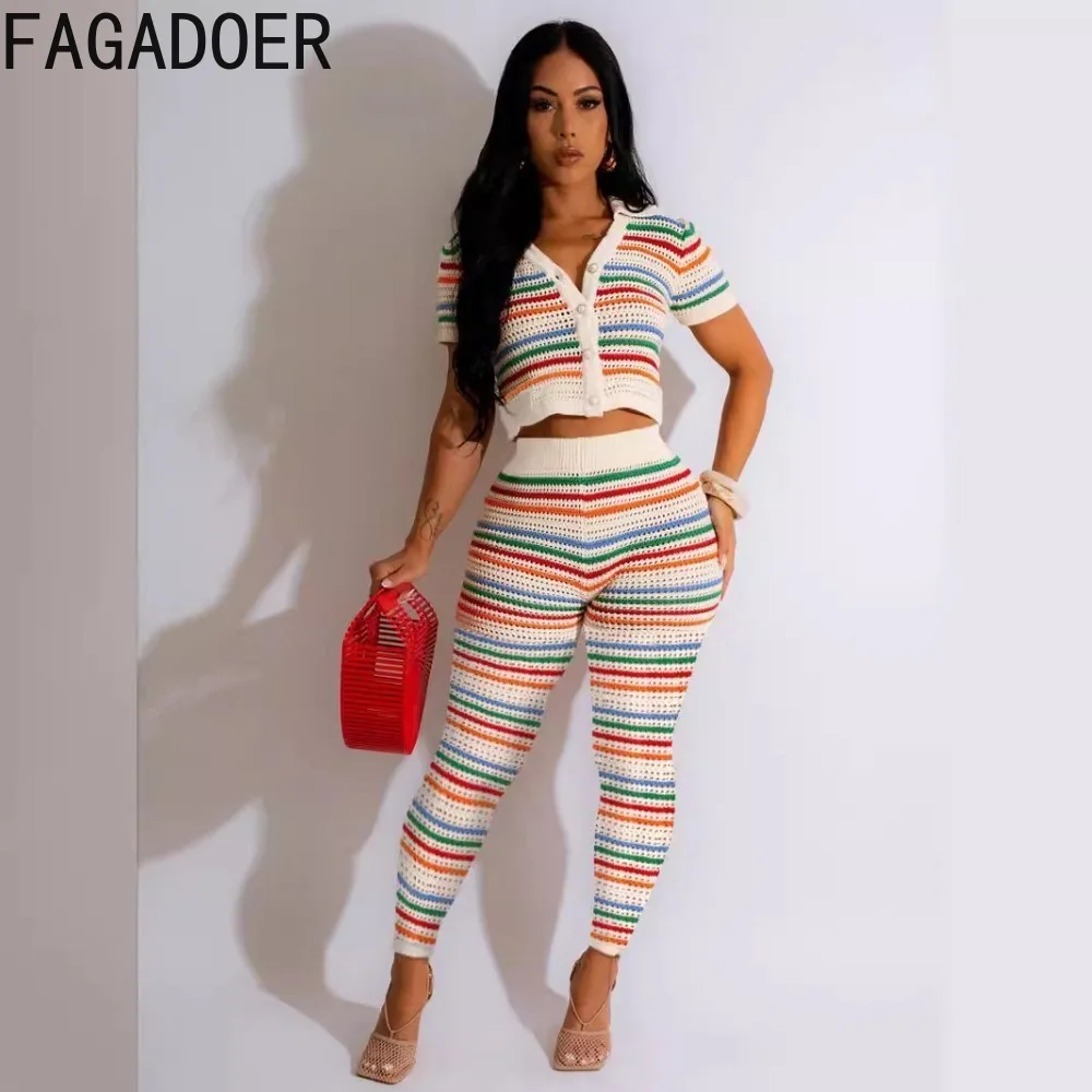 FAGADOER Fashion Color Stripes Knitting Two Piece Sets Women V Neck Short Sleeve Crop Top And Pants Outfits Female Streetwear