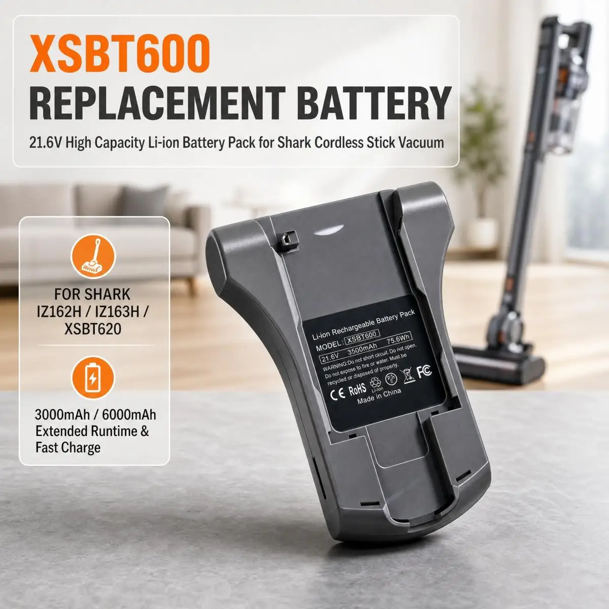 XSBT600 21.6V 3000mAh/6000mAh Li-ion Replacement Battery Pack for Shark XSBT620 IZ162H IZ163H Cordless Stick Vacuum Cleaner
