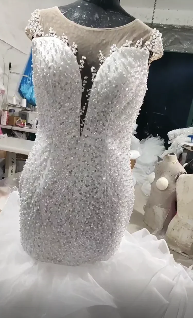 Customized Full Sequins Pearls Mermaid Wedding Dresses for Bride 2024 Cap Sleeves Real Cascading Ruffles  Bridal Gowns