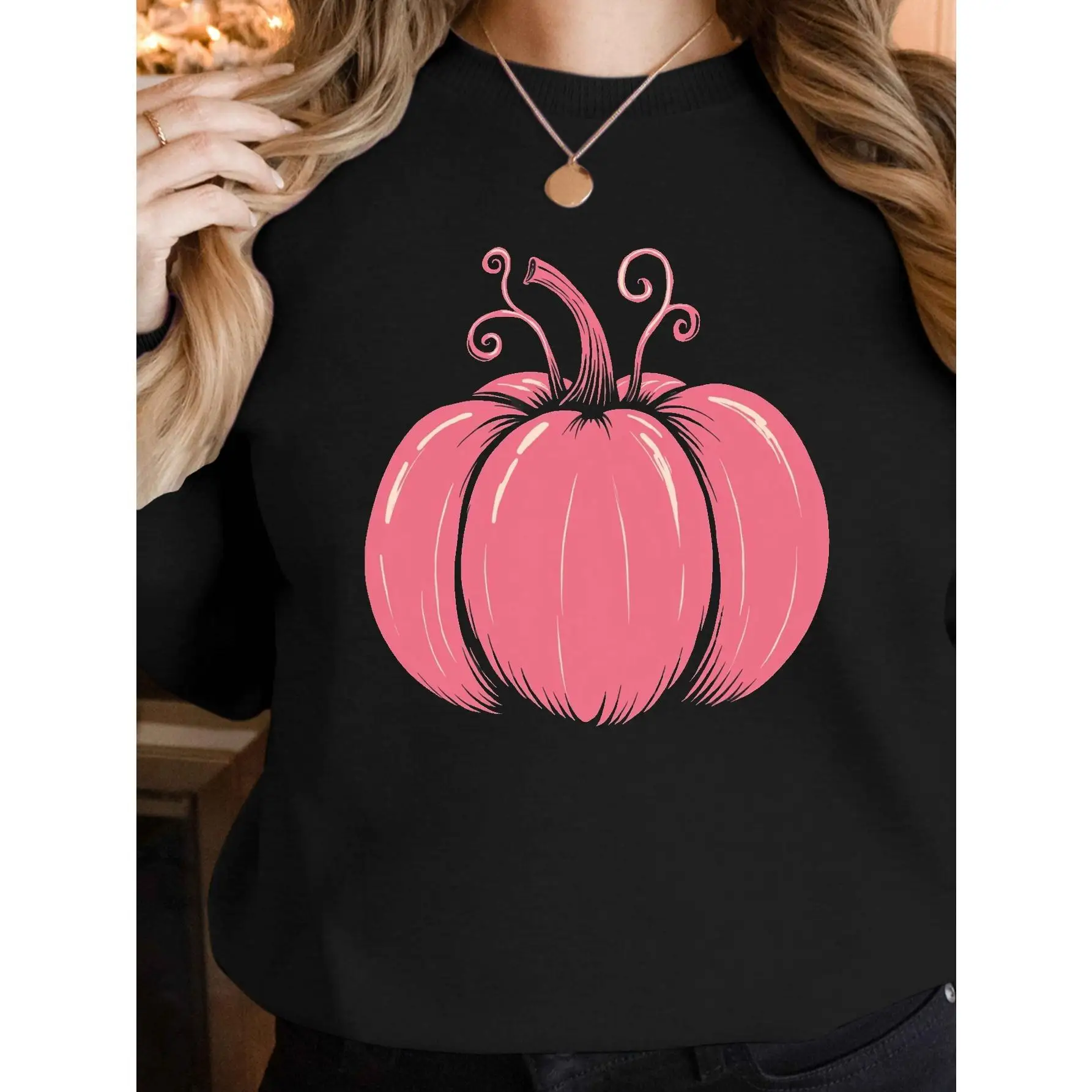 

Pink Pumpkin Graphic Sweatshirt for Women, Cute Autumn Fall Season Pullover, Halloween Thanksgiving Holiday Tops