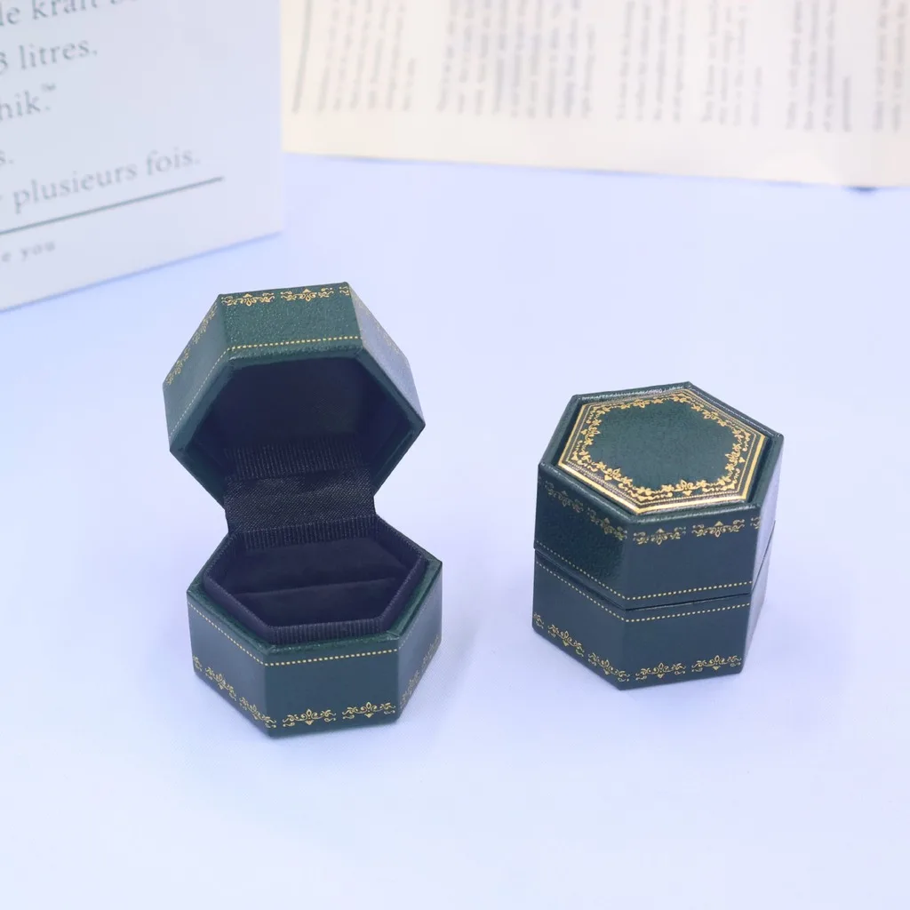 Wedding Ring Box Hexagon Faux Leather Jewelry Box Ring Storage Box Soft For Couple Bands Jewelry Gift Packaging Small Jewelry