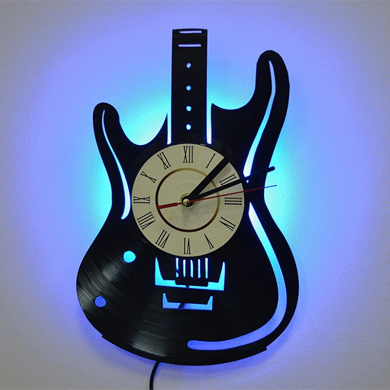 

Musical Guitar Vinyl Record Wall Clock Creative Retro 16 Colors LED Clocks Home Living Bed Room Decoration