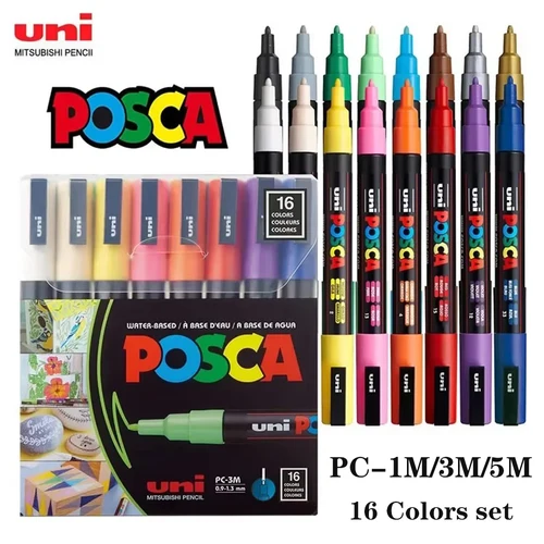 Imagen 2 del producto Marcadores UNI Posca de 16 Colores, Rotuladores de Pintura Acrílica PC-1M/3M/5M, Graffiti para Pintar en Roca, Materiales de Arte, Marcadores Copic