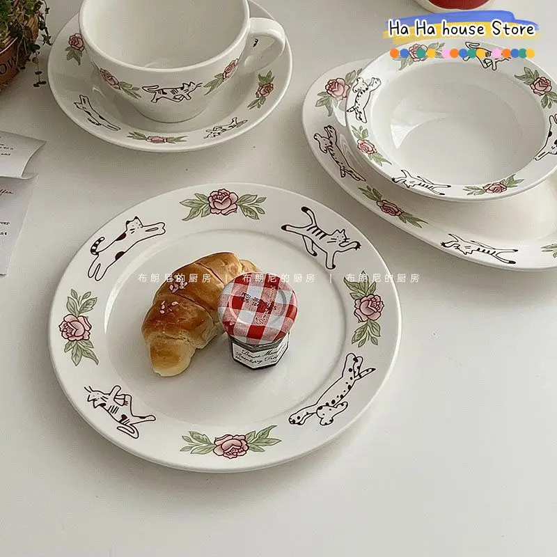 

Керамическая тарелка во французском стиле ретро, розовая кошка, овощная тарелка, миска для риса, высококачественная бытовая круглая тарелка для десерта, торта, блюдо для завтрака