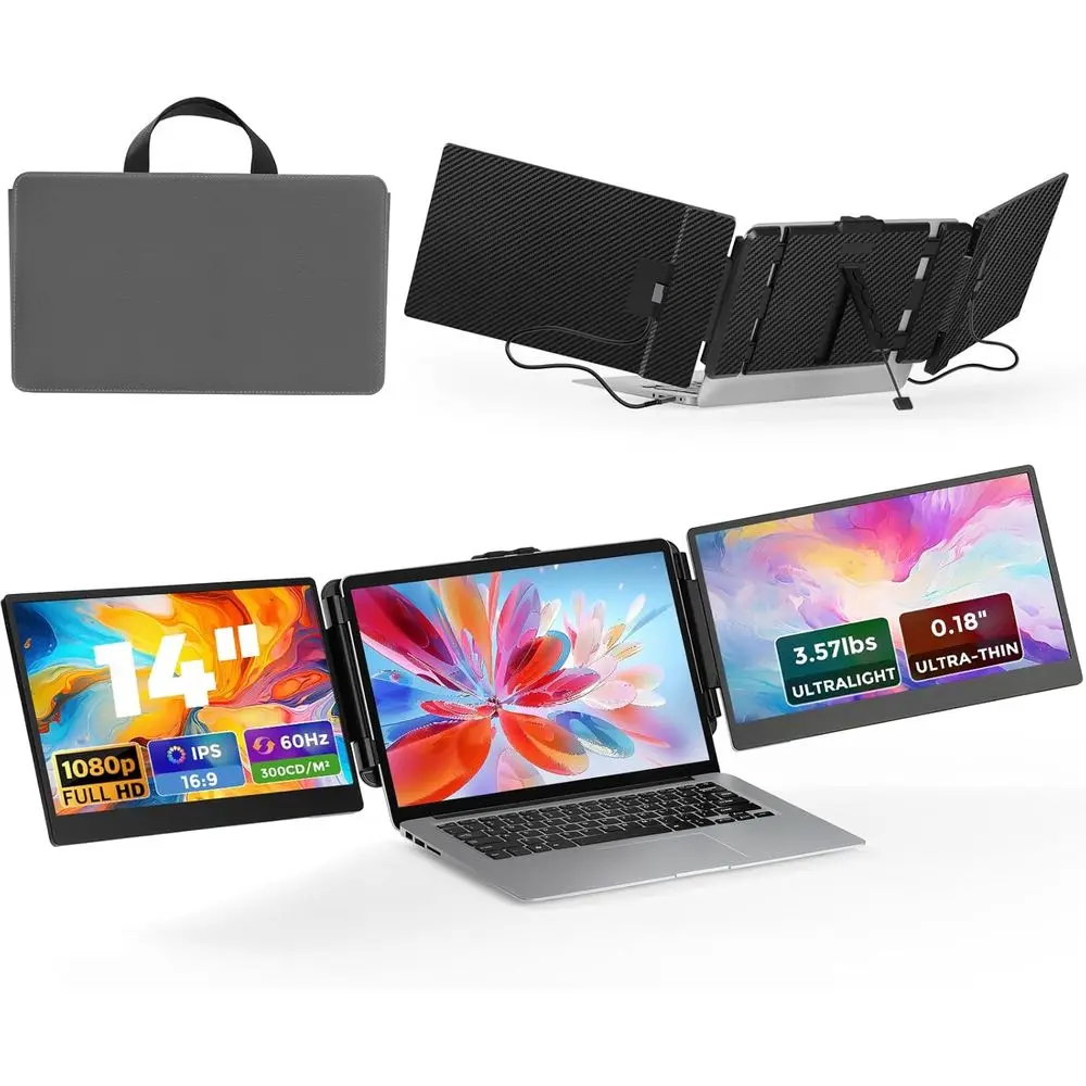 

14 HD 1080P IPS Portable Monitor, Triple USB-C/HDMI Extender for 13-17.3 Laptops