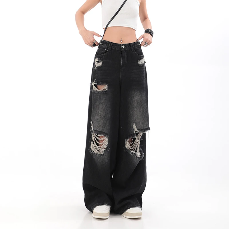 Gidyq Women High Waist Jeans Vintage Female Ripped Streetwear Wide Leg Pants American Style Casual Straight Denim Trousers