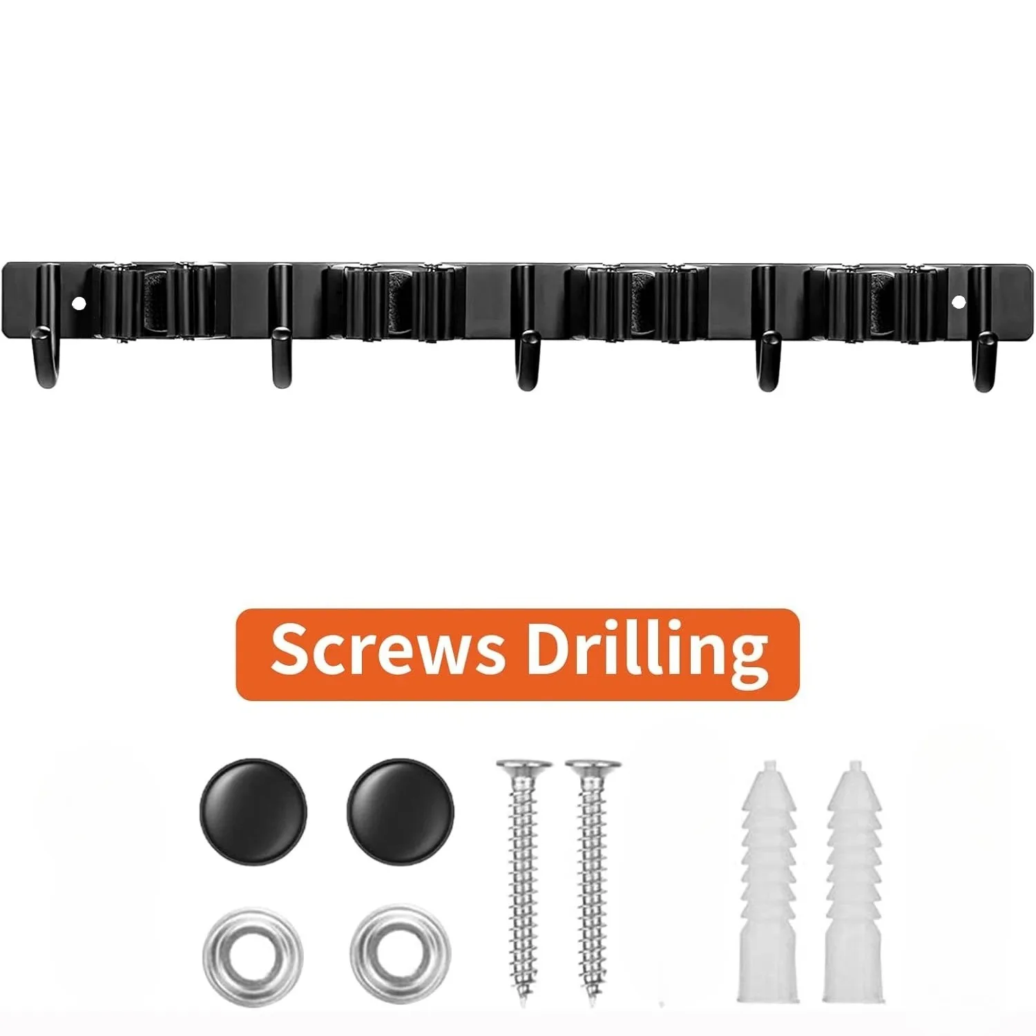 Mop and Broom Rack, Garden Tool Rack, Wall Mounted Sturdy Broom Rack with 4 Slots and 5 Hooks Garage Equipment Hooks