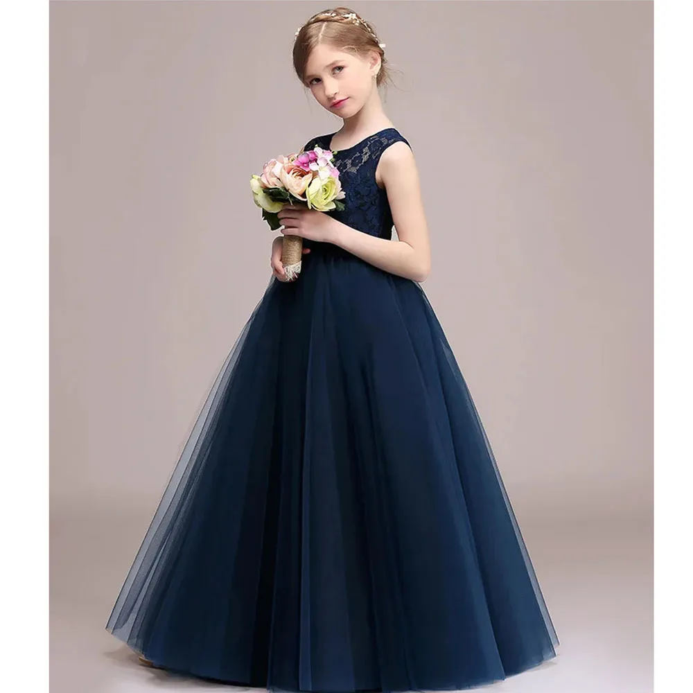 KYDYNQJ Navy Blue Dress For Girl Lace Tulle Flower Girl Dresses Sleeveless Kids Birthday Formal Princess Gowns