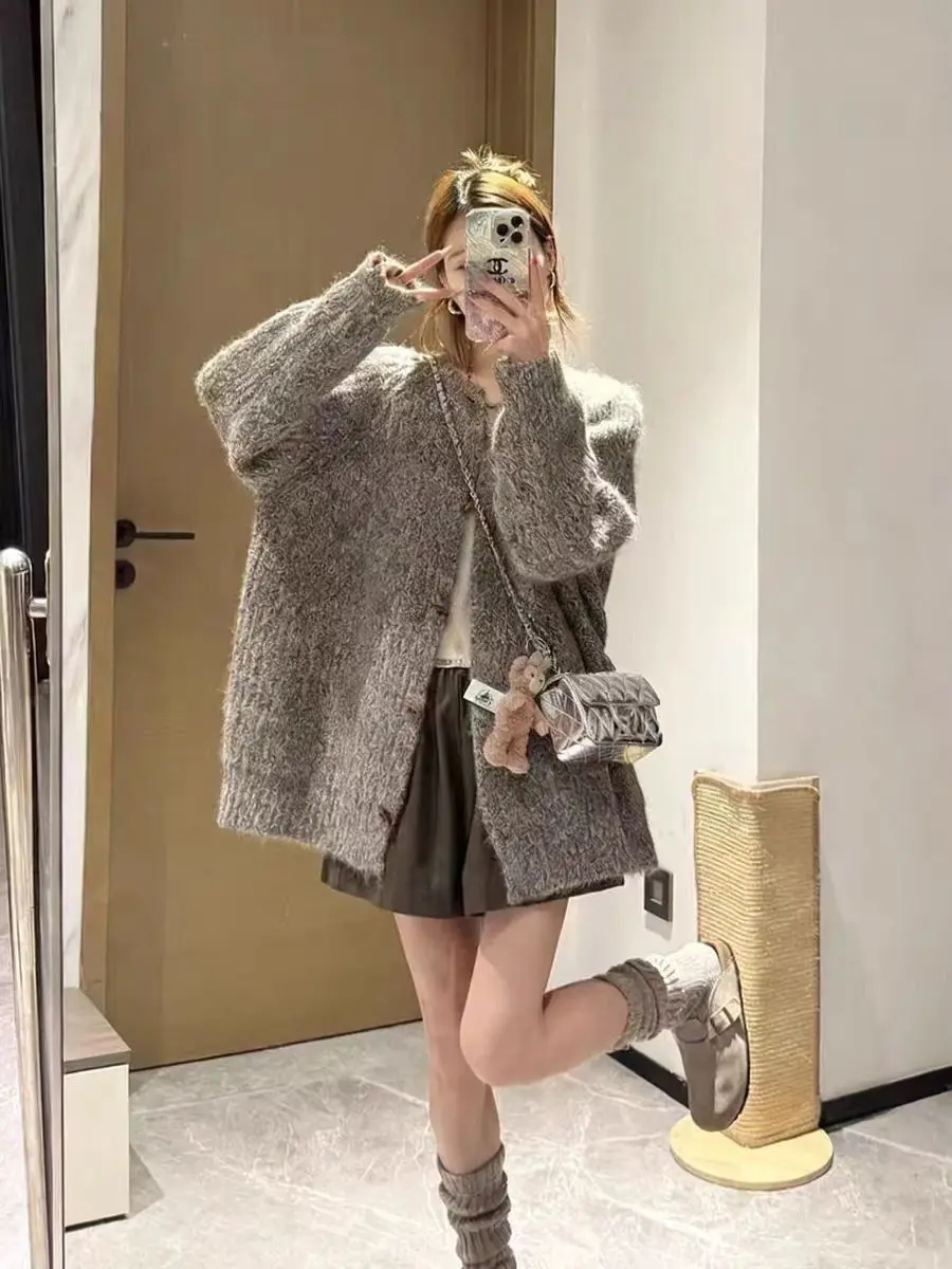 

Mid-Long Cardigans Hood Womens Fall Kntwear Puff Streetwear Hollow-Out Loose Mock-Neck Pretty Short-Sleeved Printed Decorative