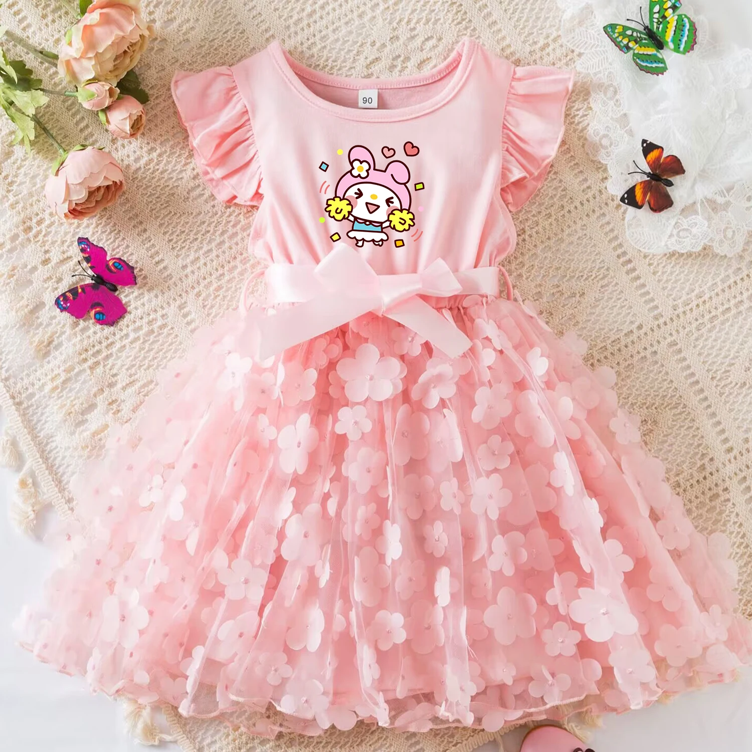 My Melody vestido de verano para niños, ropa informal, mariposa 3D, vestido de princesa para niñas pequeñas, vestidos de fiesta, 2-6 años