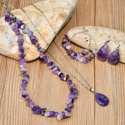 6PCS Natural Stone Amethyst Necklace Earring Set Bohemian Women’s Elegant And Luxurious Handmade Jewelry